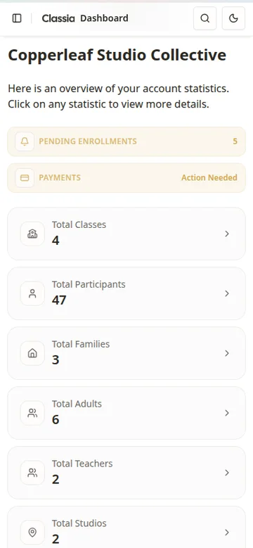 Studio management software dashboard in Classia on mobile