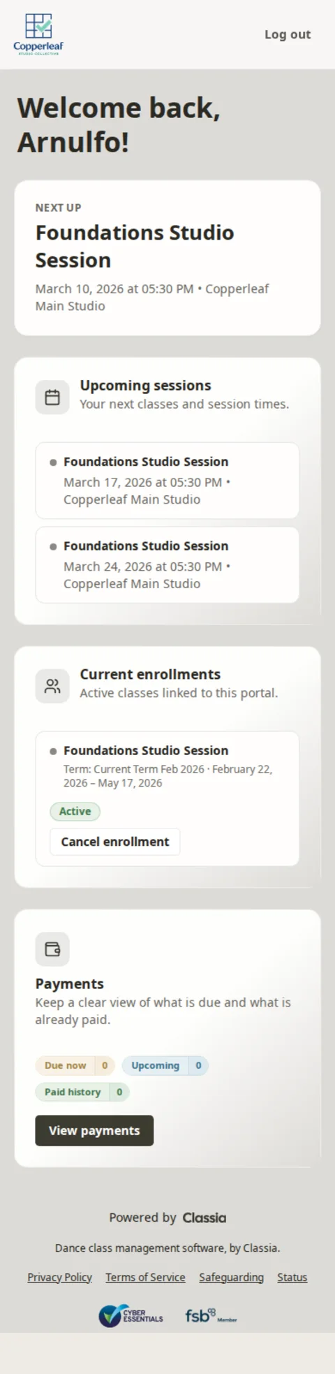 Studio management software participant portal in Classia showing current enrolments and schedule details.